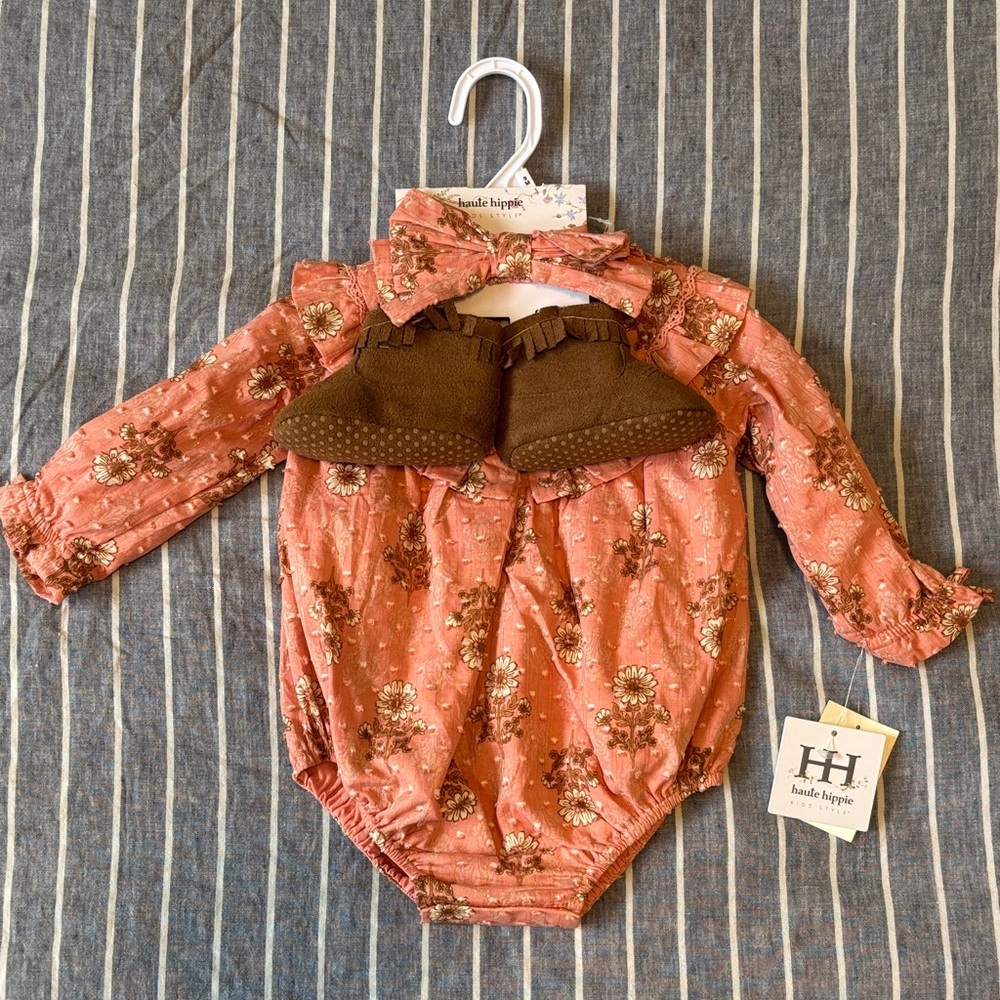 Haute Hippie Girl’s Pink Ruffled Romper and Brown Booties size 6-9 month